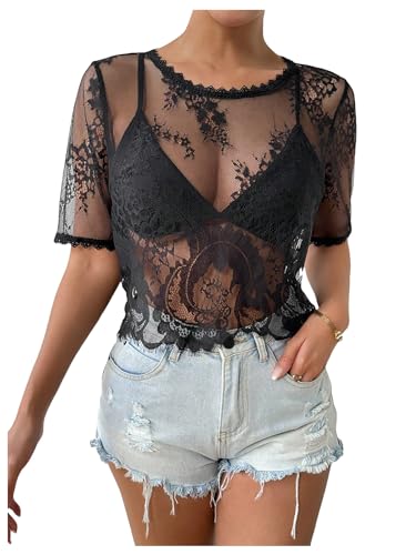 SOLY HUX Women's Sheer Mesh Crop Top Lace Short Sleeve Crew Neck See Through Tshirts Summer Outfits