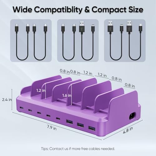 Image of 300W Charging Station for Multiple Devices, 8 Port Multi USB C Fast Charger Station Dock for MacBook iPhone 16 /15 /14 /13 /12 Samsung Pixel Series iPad, Purple (6 Mixed Short Cables Included)