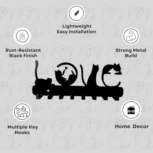 Image of Meet DECOR Metal Love Spelled Cat Design Key Holder with 8 Hooks | Decorative Wall Mounted Key Rack Organizer | Stylish Cat Lover Gift | Key Hanger for Entryway, Hallway, Kitchen, Office