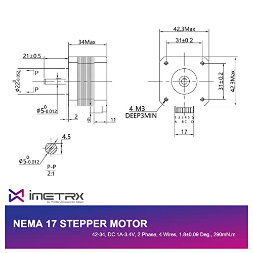 iMetrx Nema 17 Stepper Motor 42x34mm 1.5A-3.8V 2 phase 4 wires 1.8 degrees with 1Meter cable for 3D Printer Motors