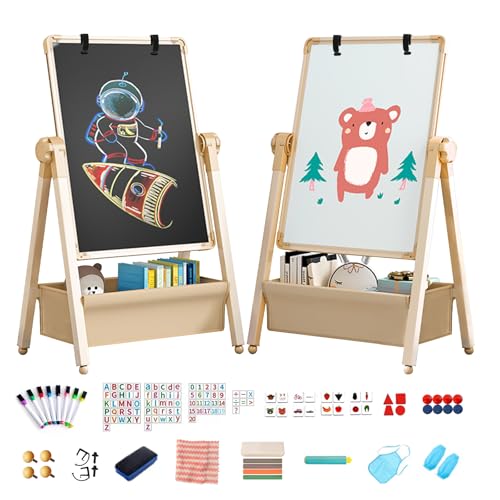 Chidiam Caballetes para Niños 3 en 1 Pizarra Caballete Pintura Infantil de Doble Cara Plegable con Altura Ajustable Giratoria 360°, Pizarra Independiente con Caja de Almacenamiento para niños y niñas