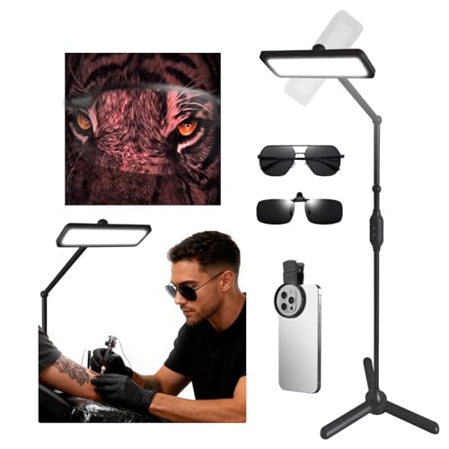 GBK Shading Pro Tattoo Lighting Lamp with CPL Anti-Glare Filter and Tattoo Vision Glasses Professional Floor Work Light for Tattoo Artists Adjustable Brightness Lash Lamp 360 Rotation