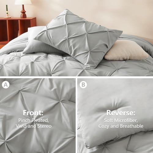 CozyLux Queen Comforter Set Light Grey, 7 Pieces Pintuck Bed in A Bag, Premium Gray Comforter Queen Size, Pinch Pleat Bedding Sets with Comforter, Sheets, Pillowcases & Shams