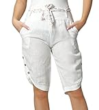 Mississhop Bermudas Capri 100% lino para mujer, pantalones cortos sueltos, pantalones cortos con cinturón y botones, Blanco, 36