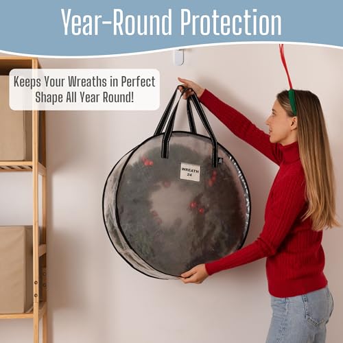 Image of VENO 2 Pack Summer Wreath Storage Container, 24 Inch Clear Wreath Bag, Spring, Christmas Garland Decoration Organizers with Zipper and Durable Handles (Clear, 24 inch-2 Pack)