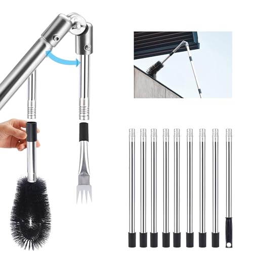 Kit de herramientas telescópicas de limpieza de tejados con poste de ángulo ajustable, cepillo de canalón y pala para eliminar hojas, desechos y telarañas