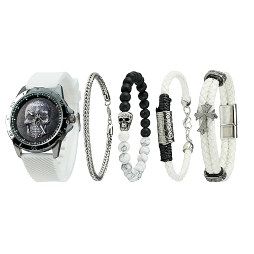TIME100 Men's Skull Watch with Stackable Bracelet Set, Silicone Band, White and Black