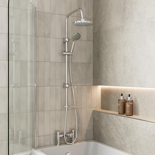 Architeckt® Round Waterfall Bath Shower System Mixer Shower Tap with Modern Square Riser Rail Kit Dual Rainfall Shower Heads Handset