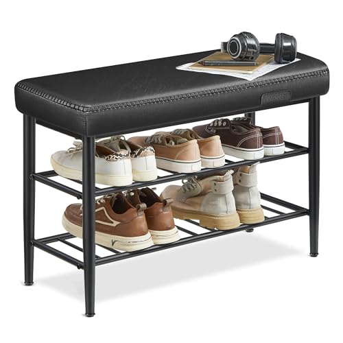 VASAGLE EKHO Collection - Shoe Rack Bench, Storage Bench for Entryway, Synthetic Leather with Stitching, Mid-Century Modern, Loads 300 lb, 11.8 x 31.5 x 19.7 Inches, Ink Black ULSB054B01 31.