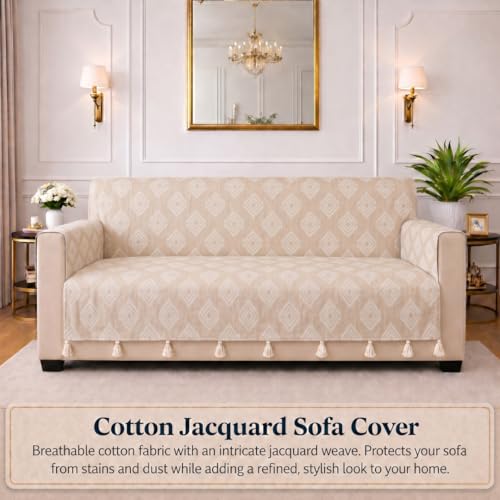 Image of STITCHNEST 'Verdant Rekhika Stories' 2 Seater Sofa Cover | Full Coverage with Armrest Pockets | Elegant Jacquard Fabric, Decorative Tassels, Washable & Durable for Modern Living
