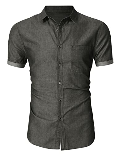Husmeu Chemise Homme en Jean à Manches Courtes avec Poche Casual Gris Foncé XL Cover