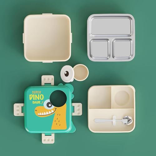 Image of TEKCOOL 3-Compartment Stainless Steel Lunch Box - Insulated, Leak-Proof & BPA-Free Bento Box with Tray, Spoon & Container for School, Office, Travel - 1120ml + 70ml, Green;