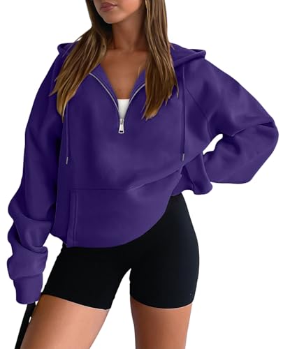 onlypuff Women Half Zipper Pullover Sweatshirt Long Sleeve Hoodies Kangaroo Pocket Fleece Basic Sweater
