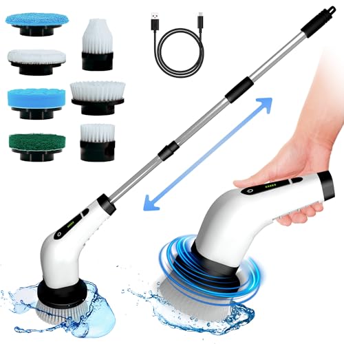 Image of an Store Electric Spin Scrubber - 2 Speeds Shower Scrubber with Long Handle 7 Replaceable Heads Shower Cleaner Brush Cordless Spin Brush for Cleaning (White)