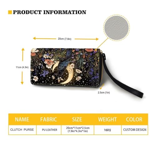 Coldinair Crow Moon Floral Wallet for Women Leather Cash Coin Card Phone Holder RFID Blocking ID Credit Card Holder with Zipper and Wrist Strap,Multi Card Organizer3