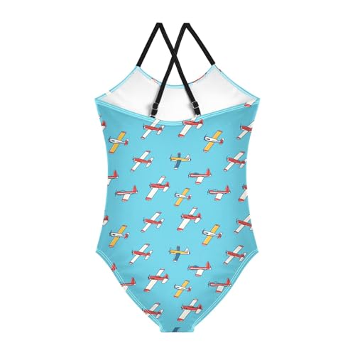 senya Girls Swimsuits One-Piece Swimwear Tie Bathing Suit Beach Summer Round Neck 5-6T Airplane Blue Background Pattern2