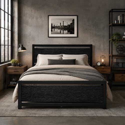 Image of Catrimown Queen Bed Frame with Headboard, Queen Metal Platform Bed Frame with Steel Slat Support, 10.5 in Storage Clearance, No Box Spring Needed, Easy Assembly, Black