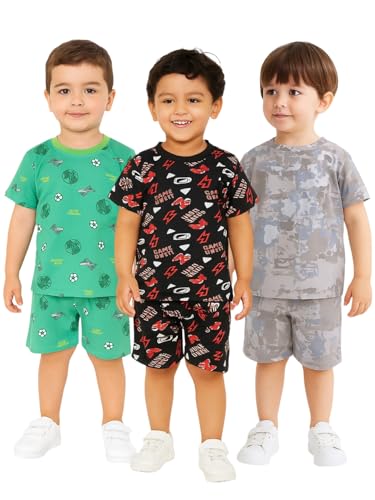 Image of UZARUS Kids Boys' Printed T-Shirt and Shorts Combo Set | Comfortable Summer Wear | Daily Casual Outfit | (Pack of 3)