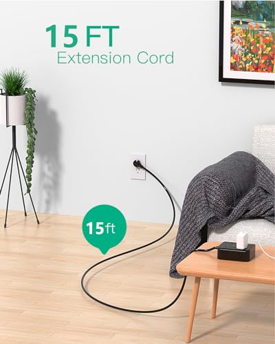 Image of 15ft Extension Cord - 8 Outlets, Surge Protector with USB Ports, Heavy Duty Braided Extension Cord, Flat Plug, 15A Circuit Breaker, Protection Against