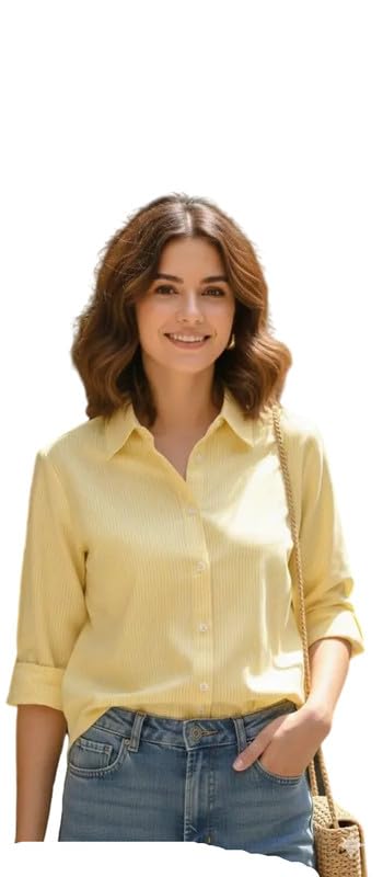 Women's Striped Button Down Full Sleeves Yellow Shirt-picture-37