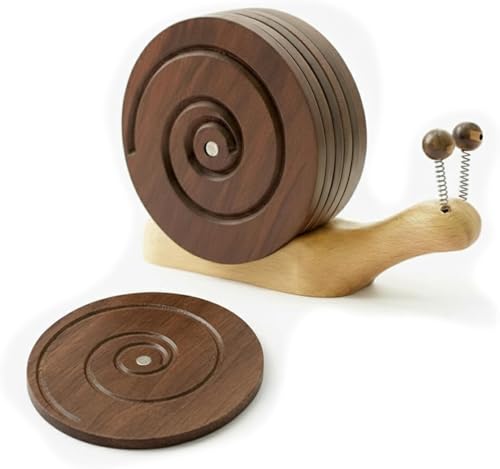 BEEBUZ Magnetic Snail Wood Coasters for Drinks - Set of 6 Handcrafted Walnut Coaster Set with Holder. Non-Stick Spiral Grooves for Wooden Table Protection. Cute & Unique Housewarming Gift Decor