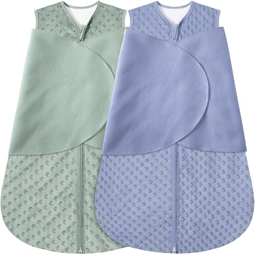Image of Fleece Newborn Sleep Sack Baby Swaddle,3-Way Adjustable Wearable Blanket,2 Pack Fleece Swaddling Sleeping Bag TOG 2.0， (Blue&Green, 0-3 Months)