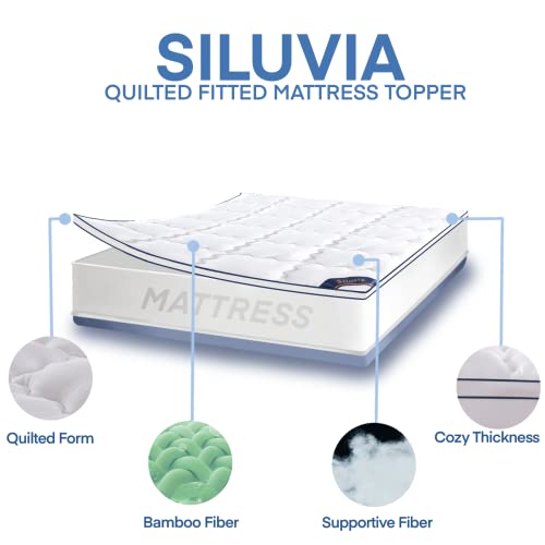 Siluvia Queen Mattress Topper With 400Tc 100% Bamboo Cover Extra Thick Pillowtop Cooling Mattress Topper Queen Mattress Pad White With 8-21 Inch Deep Pocket 3D Snow Down Alternative Fill #TOP3