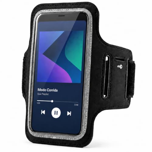 Braçadeira Porta Celular para Corrida Preta Compatível com Smartphones até 6.5 Polegadas com Bolso para Chave e Saída para Fones Ajustável Resistente à Água e Suor