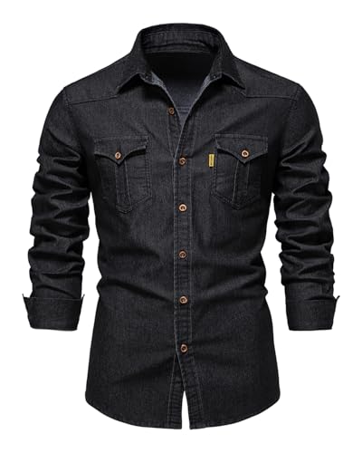 Morbuy Jeanshemd Herren, Jeans Hemden Schwarz Herren Langarm Baumwolle Regular Fit Freizeithemden Button Down Hemdjacke mit Tasche