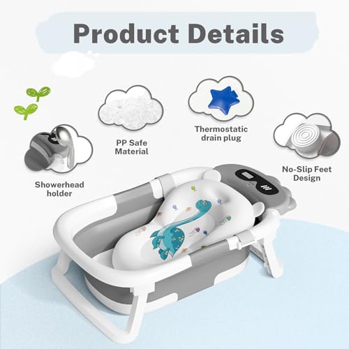 Image of AVIDOR Baby Bathtub,Collapsible Baby Bathtub for Newborn to Toddler,Durable Essential Infant Bath Tub,Portable Travel Baby Tub with Soft Bath Net,No-Slip Feet and Dinosaur Shaped (Grey)