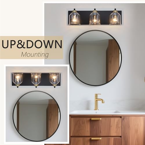 Image of Vanity Lights for Bathroom Large 23 inch, Farmhouse Rustic Vanity Light with Bubble Glass Shades, Black and Gold 3 Light Bathroom Lighting Fixtures Over Mirror, Bath Wall Sconce Home Decor