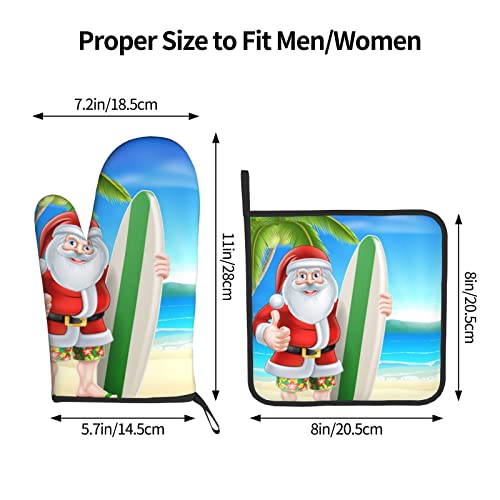 Santa Claus With The Beach And Surfboard Printed Oven Mitts And Pot Holders Sets (2-Piece Set) With Durable Heat Resistant For Bbq, Baking, Cooking #TOP1