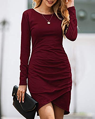 BTFBM Women Fashion Ruched Elegant Bodycon Long Sleeve Wrap Front Solid Color Casual Basic Fitted Short Dress (Wine Red, Medium)