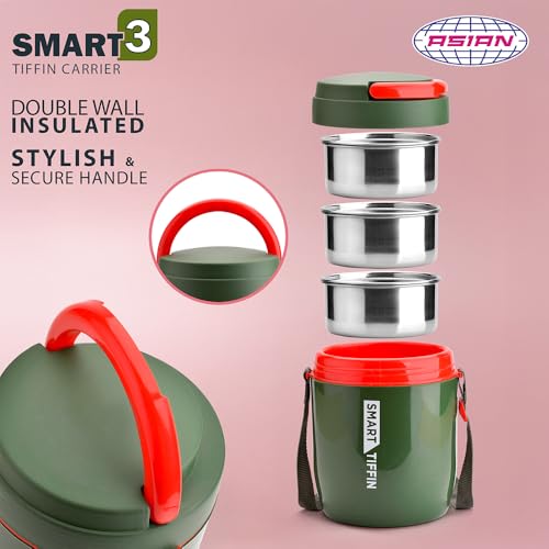 Image of Asian Plastowares - Tiffin Carrier 3 | Insulated Lunch Box | Compact | 3 Containers | Lunch Box for Adult | Leak-Proof | Ideal for Office or School | Dark Green