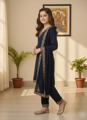 Image of Girls Stylish Rayon Lace Work Kurti with Dupatta and Pant