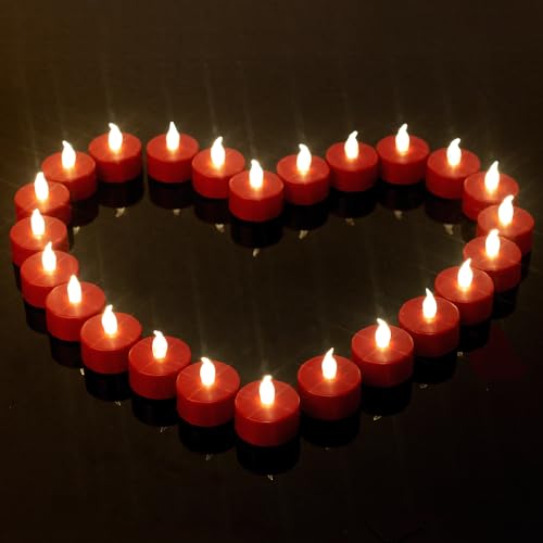 Image of Flameless Tea Lights Candles 24 Pack LED Battery Operated Electric Votive Fake Candles Realistic Flickering and 200+ Hours Long Lasting Bright for Celebrations Festivals (Red)