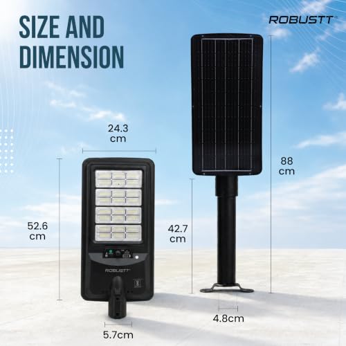 Image of Robustt Solar Light Outdoor for Home, Garden | 300W Wireless LED Street Night Lamp for Wall, pathway and Road with Pole | Solar + USB Type-C Charging | IPX5-Water Resistant |Cool White | 1 Yr Warranty