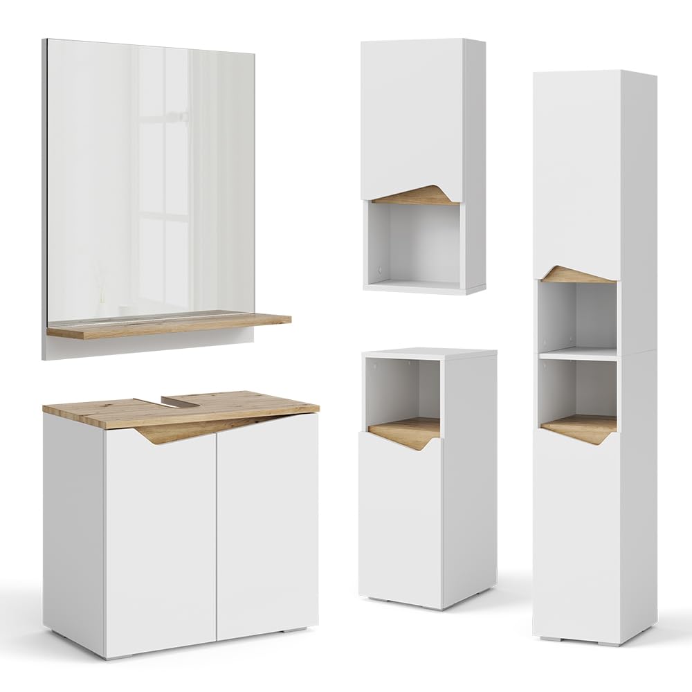 Vicco Meubles Bain Marelle, Blanc, 60 cm, composé d’Un Meuble sous-lavabo, d’Une Armoire Miroir et d’Une Colonne de Rangement