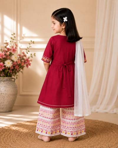 Image of Girls Embroidered Printed Kurta with Printed Palazzo Set, Ethnic Wear, 3-Piece