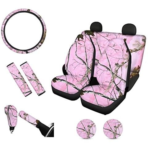 FKELYI Pink Camo Car Seat Covers Full Set for Front&Back Seat Protector,Camouflage Hunting Gear Shift Cover&Handbrake Cover,Stretch Steering Wheel Cover,Seat Belt Pads,Cup Coasters Cover