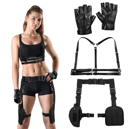 Maiteenly Halloween Cosplay Costume Kit - Waist Harness Belt Leg Holster Strap Leather Half-finger Gloves for Women SWAT Cosplay