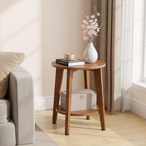 Image of Simple Trending Round Side Table, Small End Table, Nightstand Bedside Table with Tapered Legs, for Living Room, Rustic Walnut