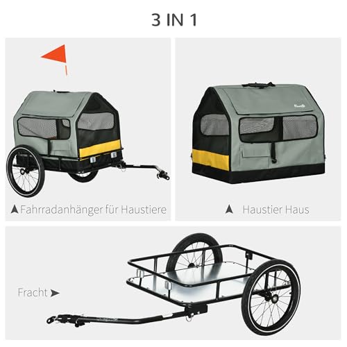 PawHut 3-in-1 Hundeanhänger Haustierhaus, Lastenanhänger Hundefahrradanhänger, Hundewagen mit Reflektoren für kleine Hunde bis 10 kg, Oxford, Grau