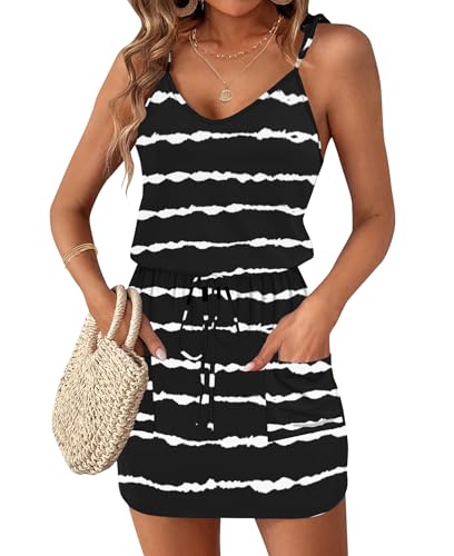 Image of AUSELILY Womens Summer Dresses Sleeveless Spaghetti Strap Beach Cover up Drawstring Waist Mini Short Dress with Pockets