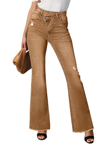 Sidefeel Women's Bell Bottom Flare Jeans High Waisted Stretchy Ripped Distressed Raw Hem Denim Pants with Pockets