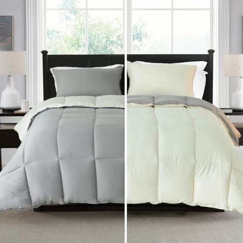 KASENTEX Reversible No-Shrink Off-White Twin/Twin XL Comforter Set with Sham - Ultra Soft, All-Season, Non-Fading Colors, Machine Washable Duvet Insert (Gull/Jet Stream Grey) Twin/Twin XL Se
