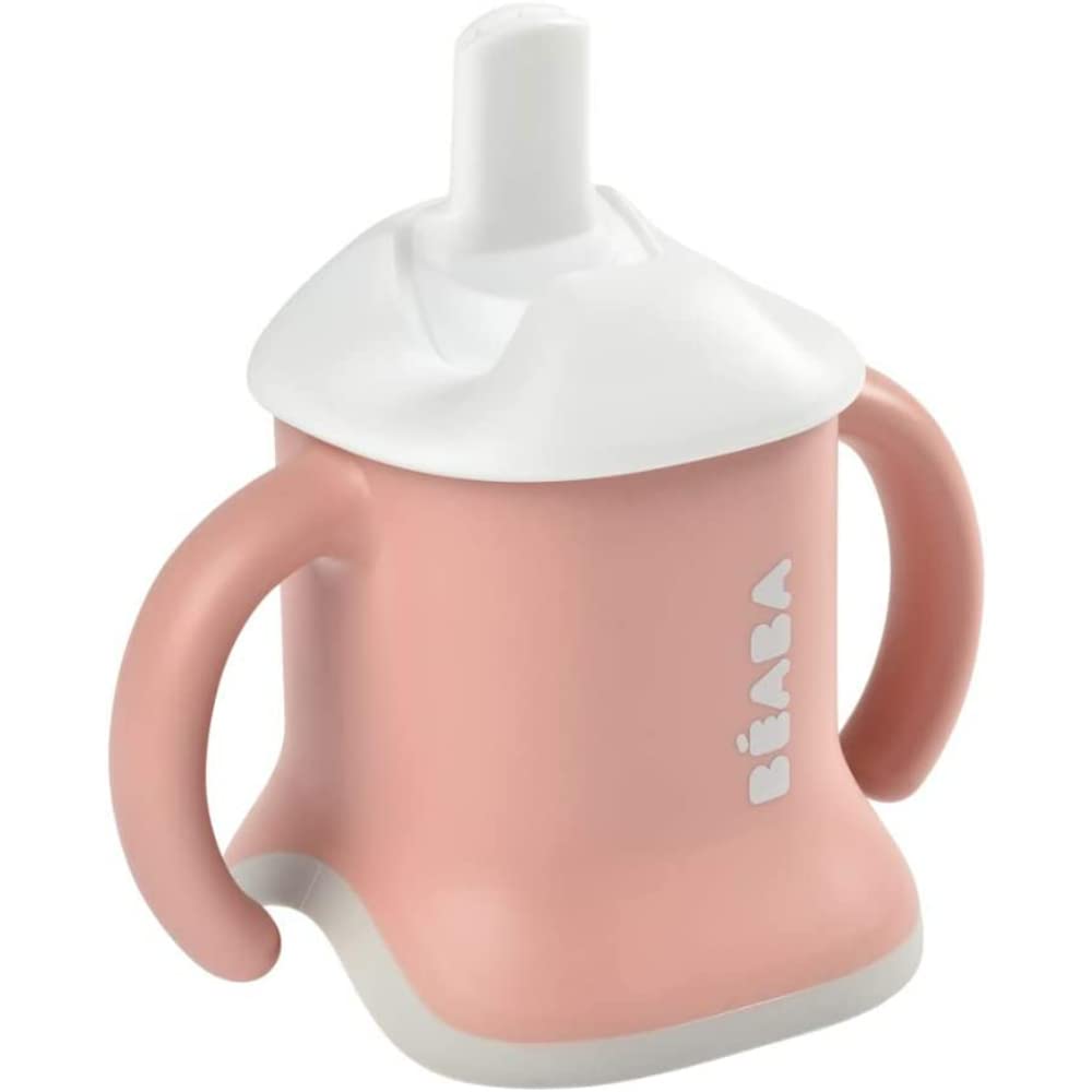 BÉABA Tasse d'Apprentissage Bébé, Fonction Biberon/Gourde/ Tasse, Anti-fuite, Facilite la prise en main, ergonomique, Paille, Évoluclip 3 en 1, Capuchon, Old Pink