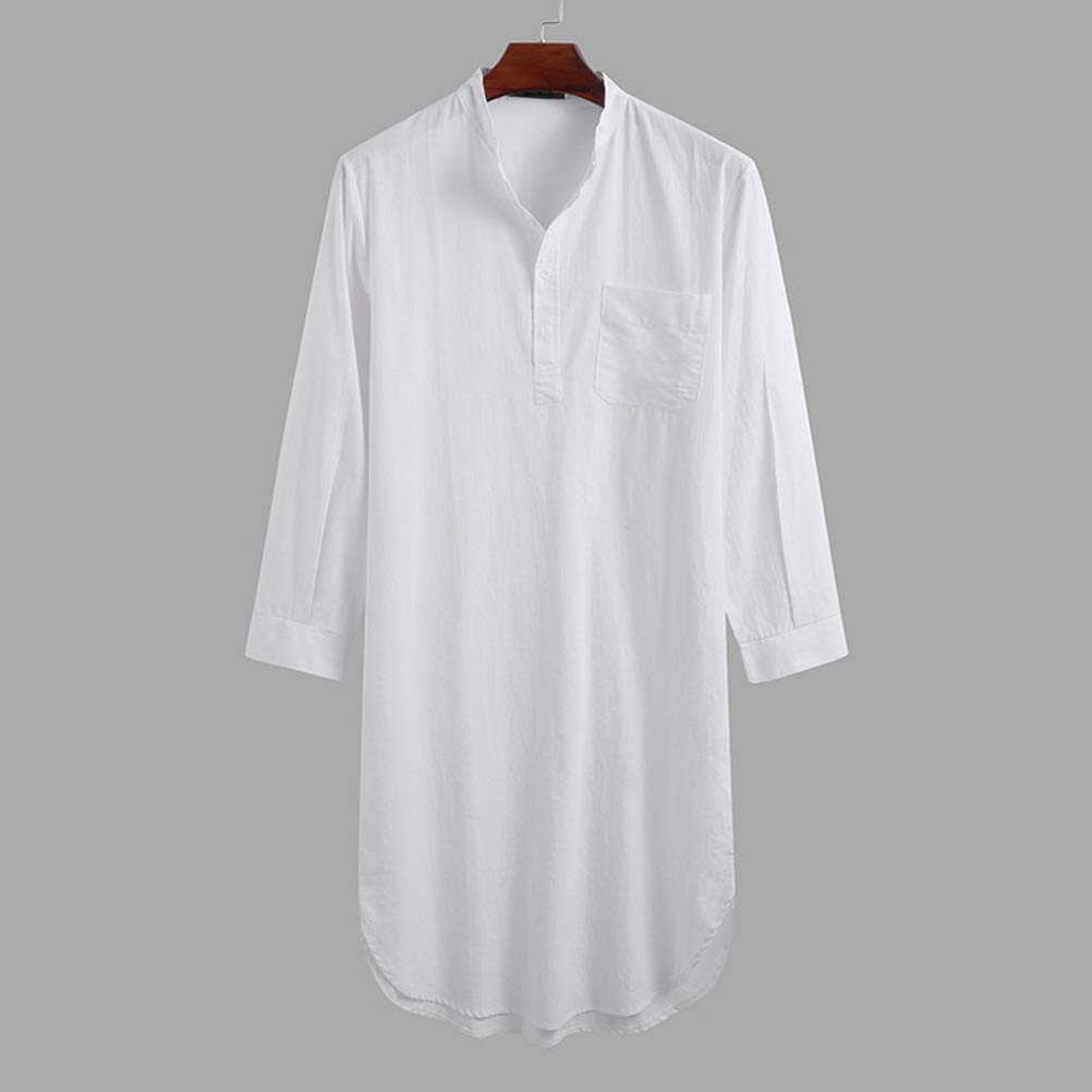 WANGJUN Men Long Sleeve Night-Robe Long Sleeve Buttons Solid Color Night-Gown Robe for Men Cotton Nightshirt Bathrobe (Color : White, Size : Large)