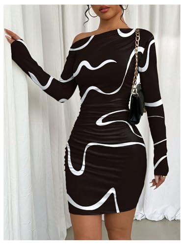 SOLY HUX Women's Off The Shoulder Bodycon Mini Dress Printed Asymmetrical Neck Long Sleeve Ruched Dresses4