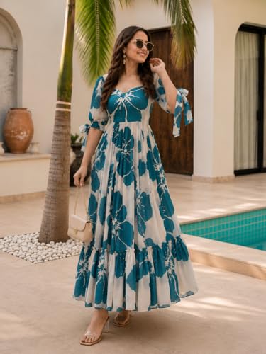 Image of Modestouze Attires Women's Floral Pattern Rayon Blend Maxi Dress with Sweetheart Neck Half Puff Sleeve Floor Length and Zipper Closure Type | Maxi Dress for Women Stylish | Dress for Women